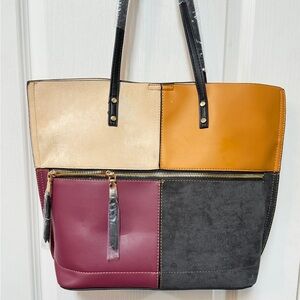 Stylish Patchwork Tote Bag in Cream, Mustard, and Burgundy